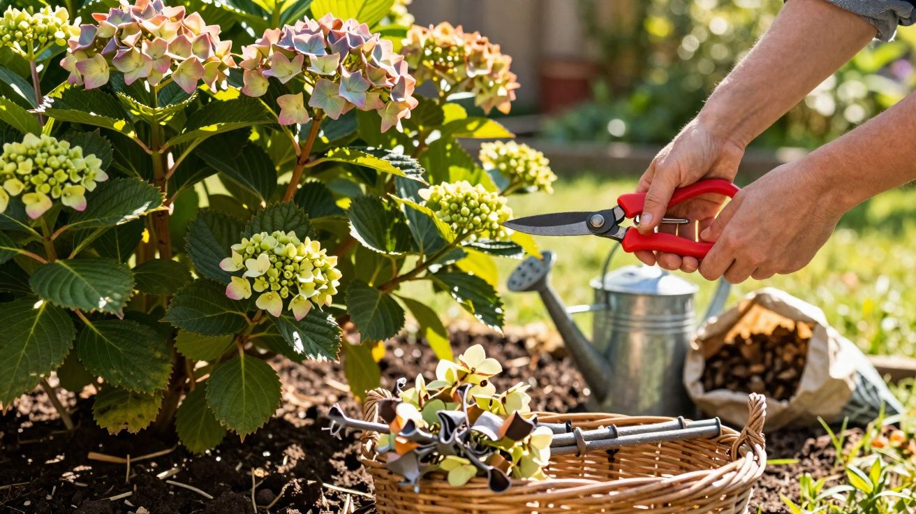 Pessoa podando flores de hortênsia em jardim com tesoura de poda e regador ao fundo.