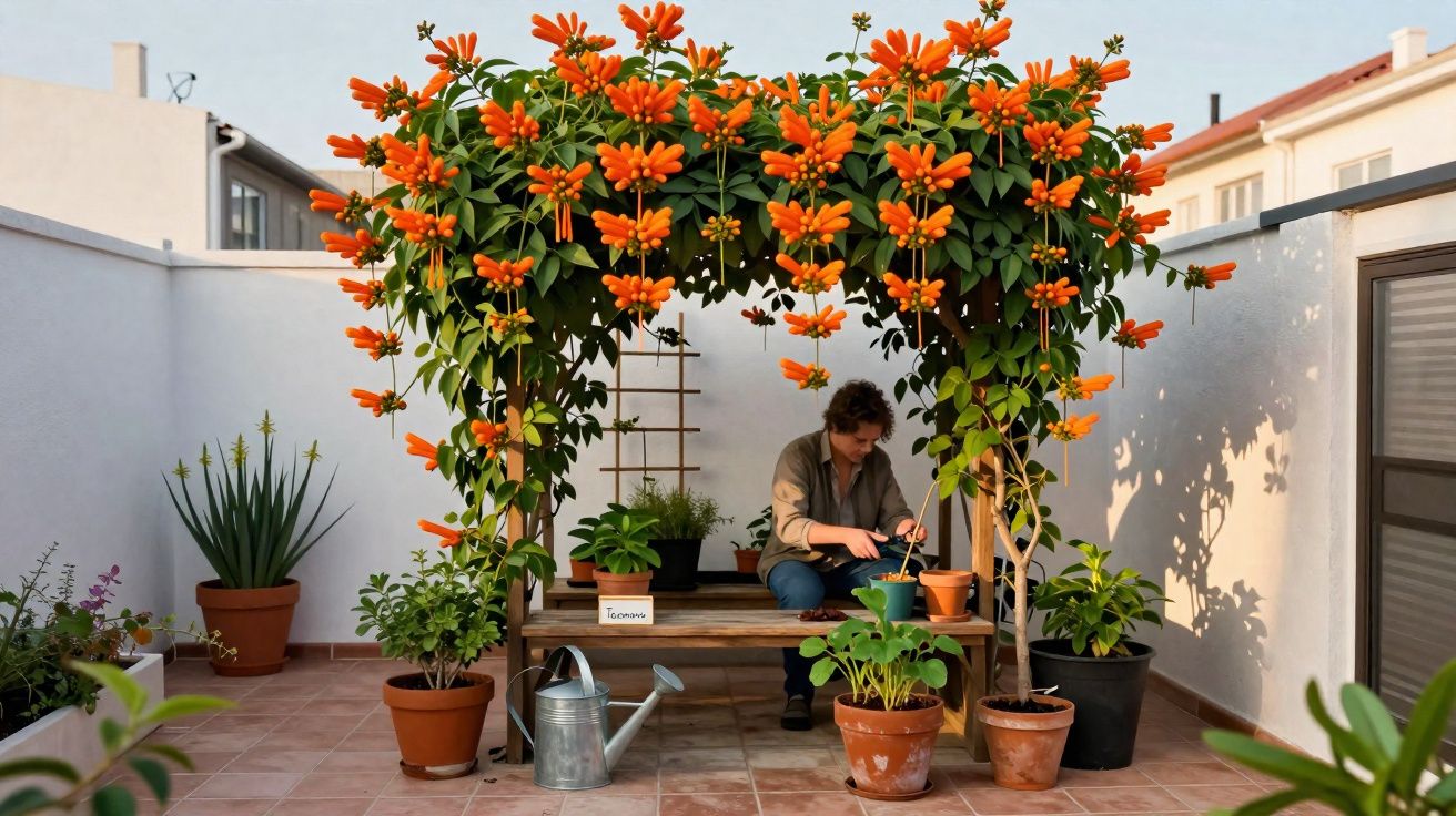 Homem cuidando de plantas sob pérgola florida com flores laranja em terraço ensolarado.