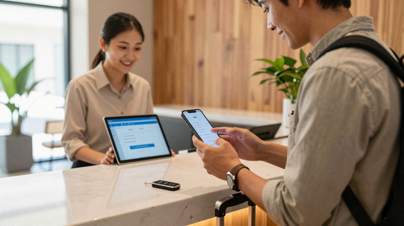 Homem com mochila e mala consulta celular enquanto atendente sorri com tablet na recepção.
