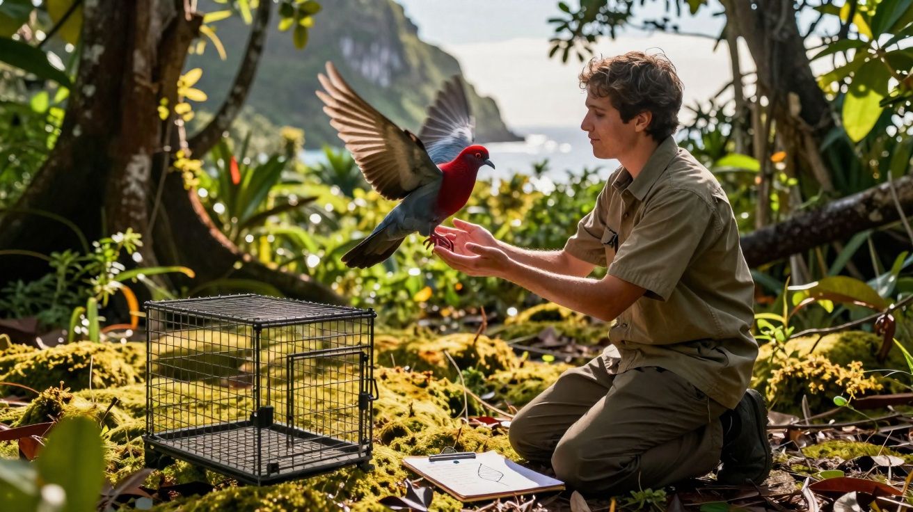 Jovem liberta um pássaro vermelho na floresta, ao lado de uma gaiola e um caderno no chão.