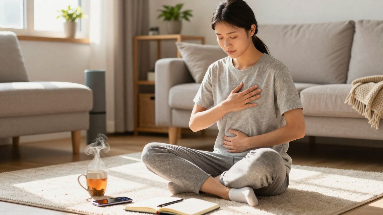 Mulher sentada no chão da sala com expressão de dor, mãos no peito e abdômen, ao lado de chá quente e livro aberto.