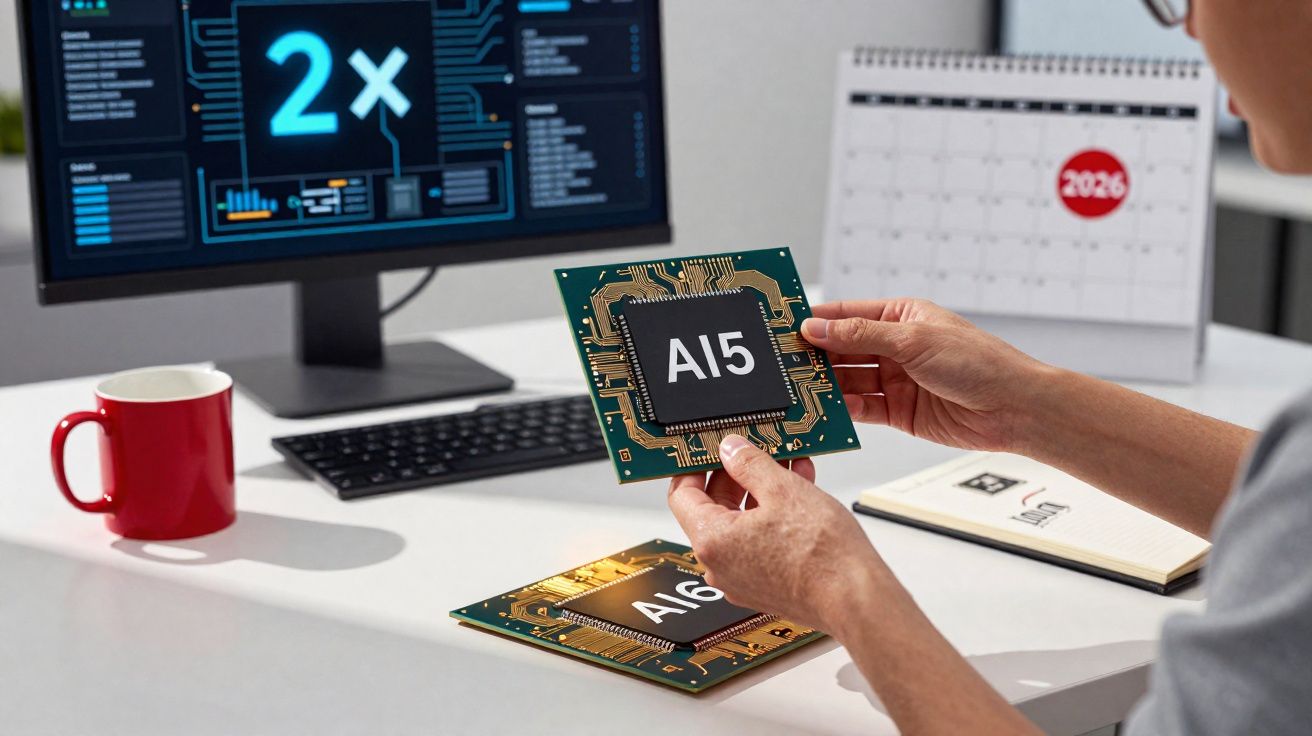 Pessoa segurando chip de processador AI5, com chip AI6 sobre mesa e monitor ao fundo mostrando "2x".