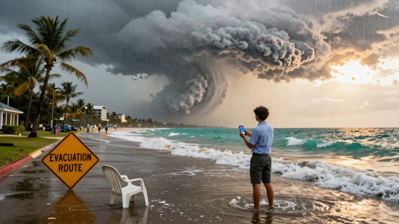 Pessoa em pé na praia com sinal de rota de evacuação observando nuvem de tempestade intensa ao longe.