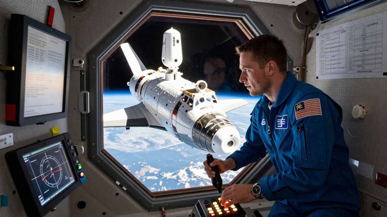Astronauta operando controles dentro da estação espacial com nave espacial visível pela janela em órbita da Terra.