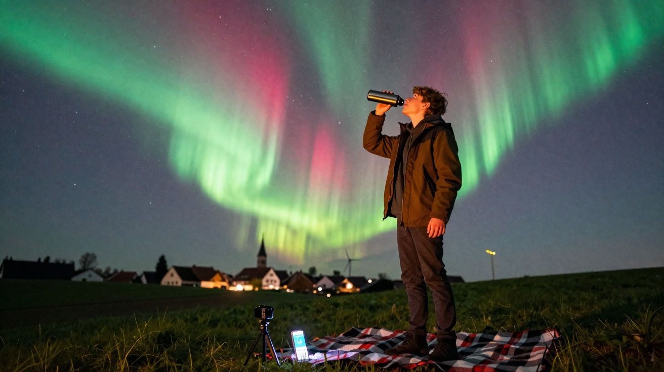 Jovem bebendo água na natureza à noite com aurora boreal colorida no céu e vilarejo ao fundo.