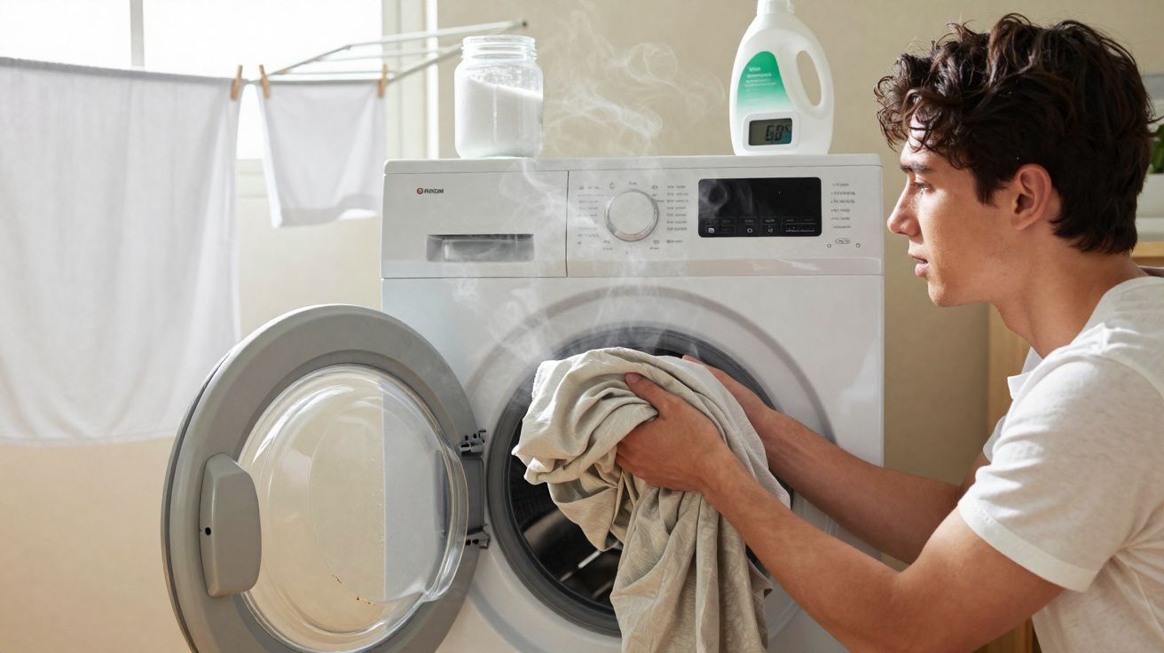 Jovem removendo roupas quentes e úmidas de máquina de lavar em área de serviço com varal ao fundo.