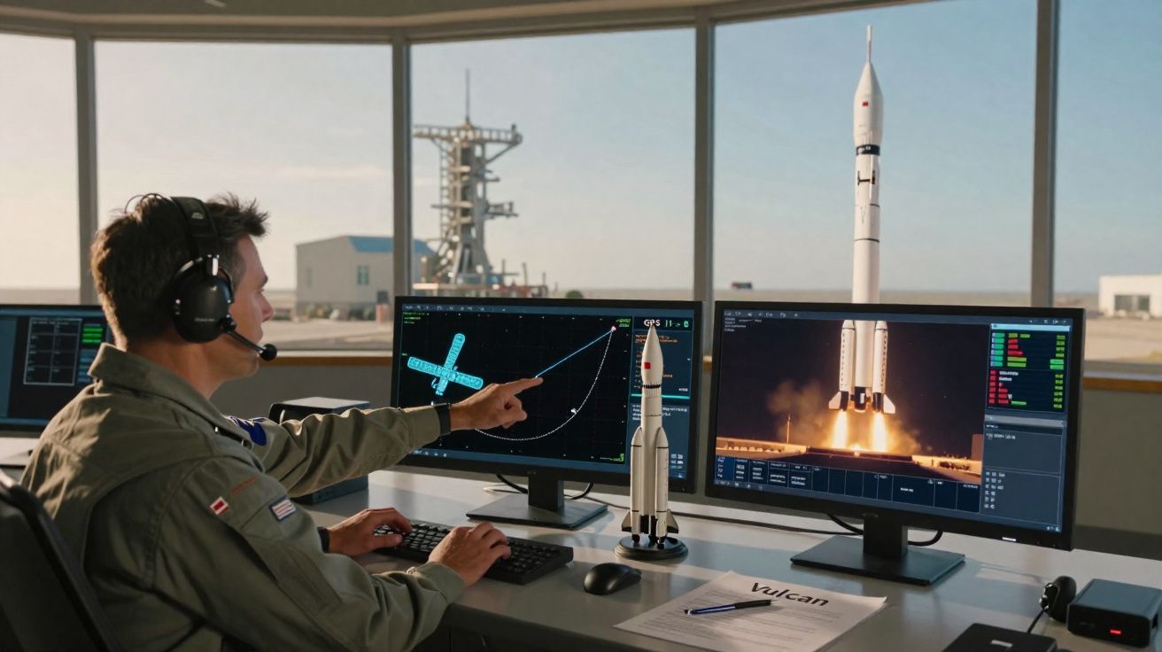 Homem em sala de controle monitora lançamento de foguete exibido em dois monitores com miniatura do foguete na mesa.