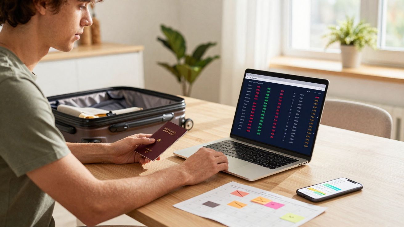 Jovem com passaporte na mão analisa dados financeiros no laptop, com mala aberta e agenda na mesa.