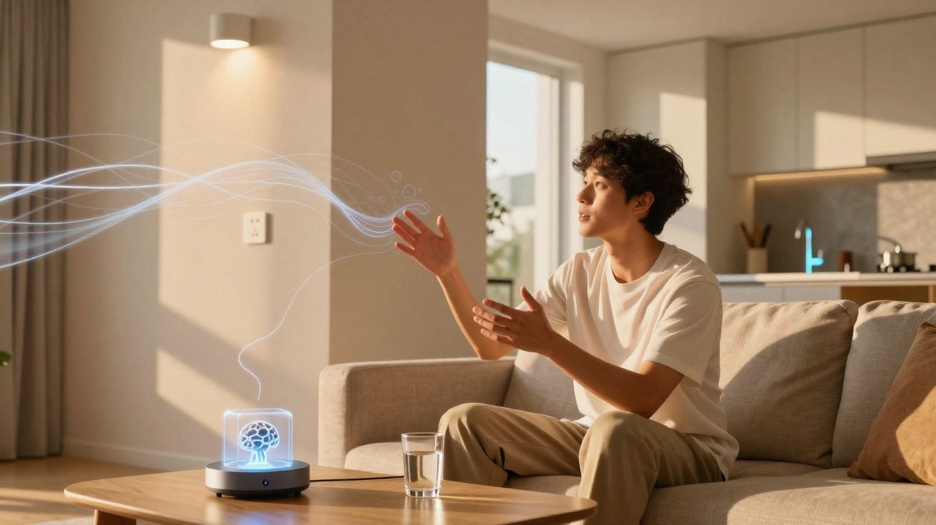 Jovem sentado em sofá interagindo com dispositivo futurista que projeta holograma azul em sala iluminada.