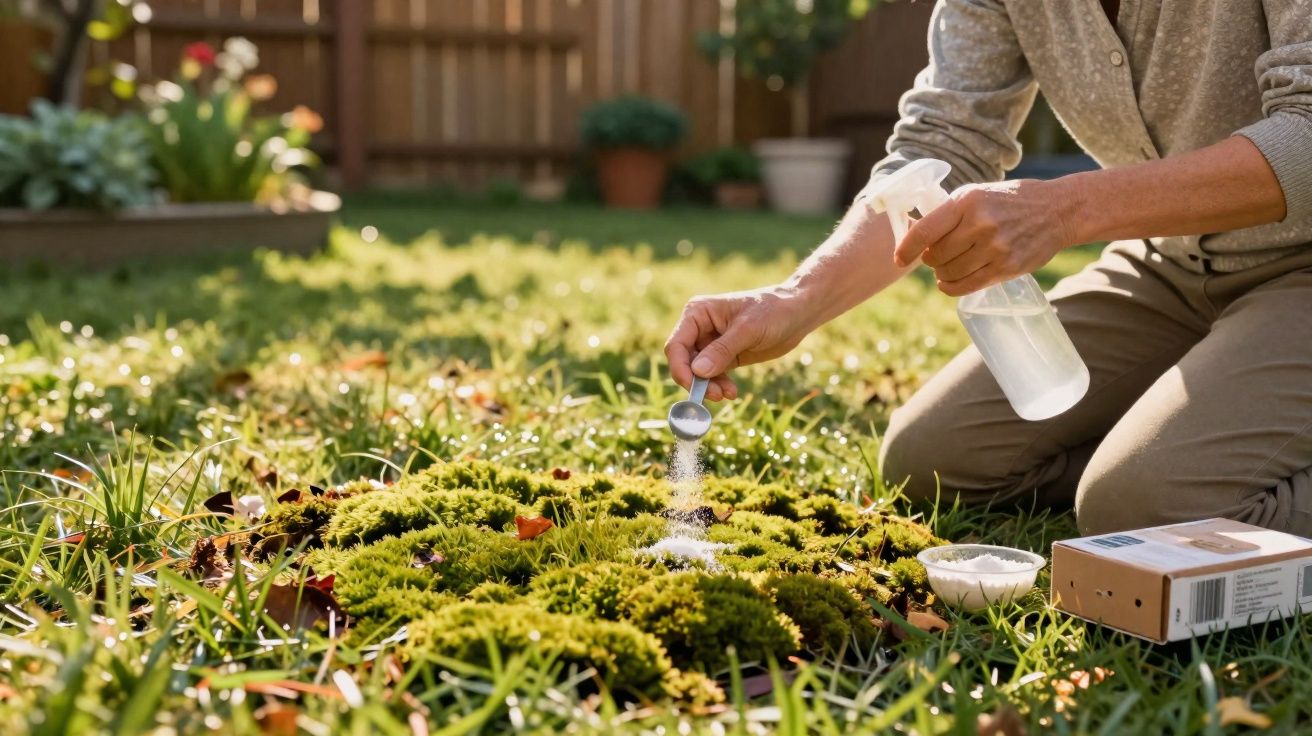 Pessoa usando regador e aplicando fertilizante em musgo em jardim ensolarado.