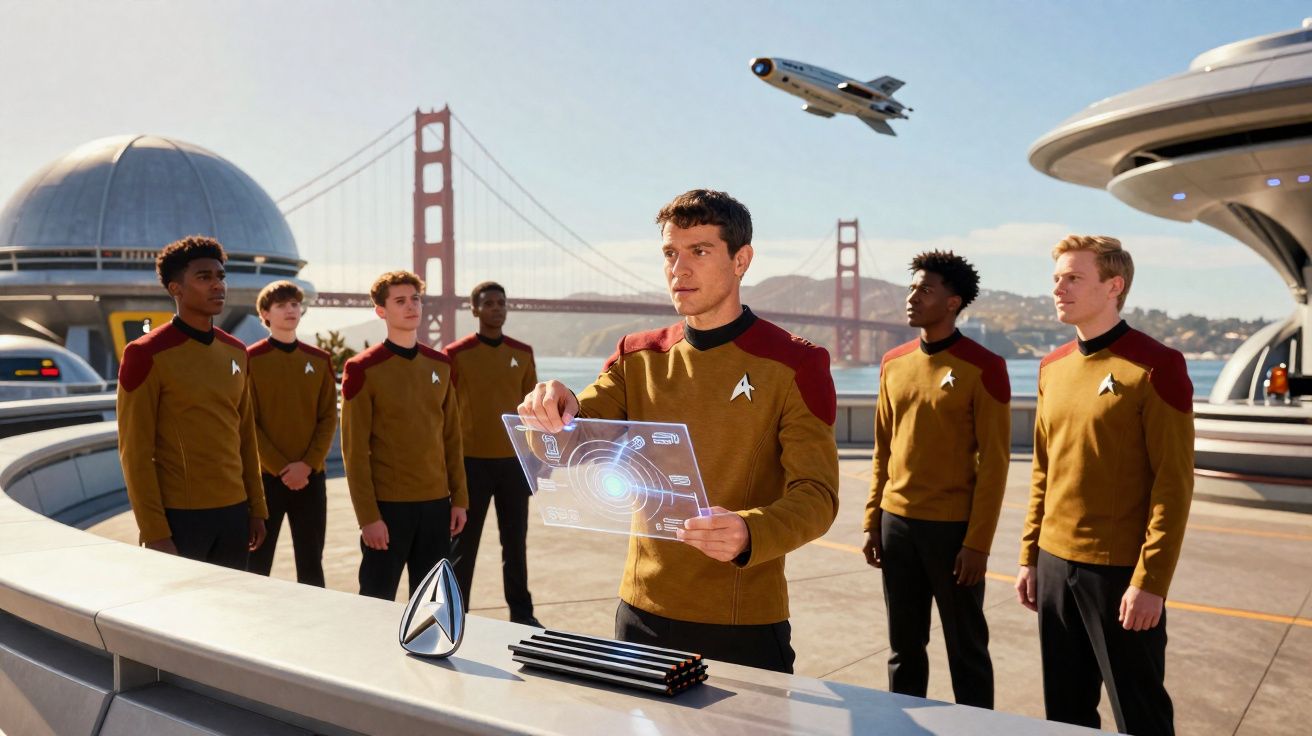 Equipe em uniformes futuristas com tela holográfica, ponte Golden Gate e nave espacial no céu ao fundo.