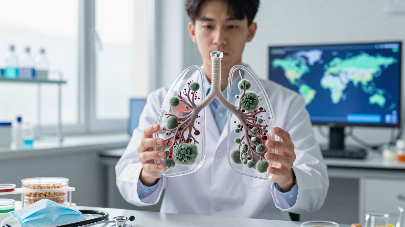 Homem com jaleco branco segurando modelo transparente de pulmões infectados por vírus em laboratório.