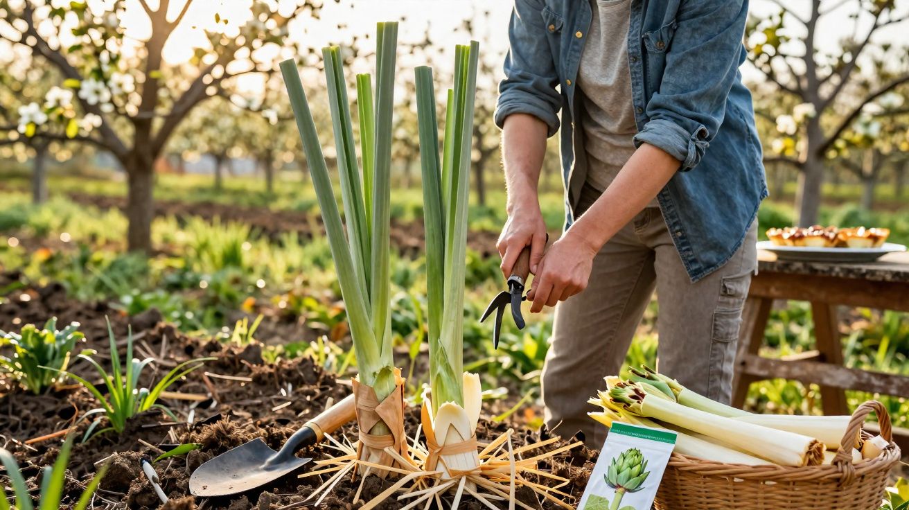 Pessoa colhendo alho-poró em horta ao ar livre com cesta e sementes ao lado em dia ensolarado.