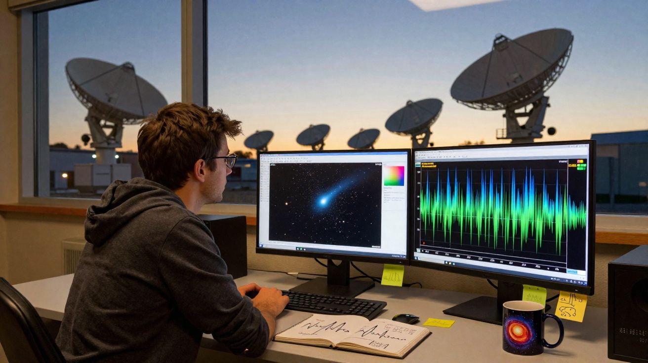 Homem analisando dados astronômicos em dois monitores com antenas parabólicas ao fundo ao anoitecer.