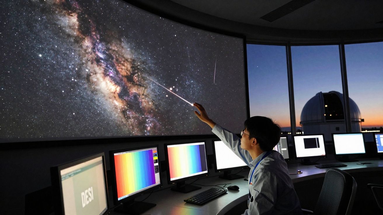 Pessoa em sala de observatório apontando para imagem da Via Láctea em grande tela curva com vários monitores.