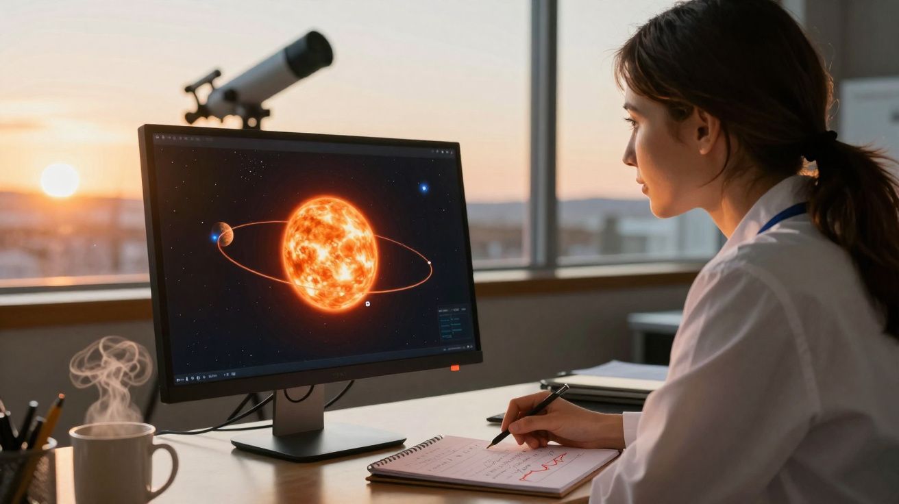 Mulher analisando simulação do sistema solar em computador durante o pôr do sol em escritório com telescópio.
