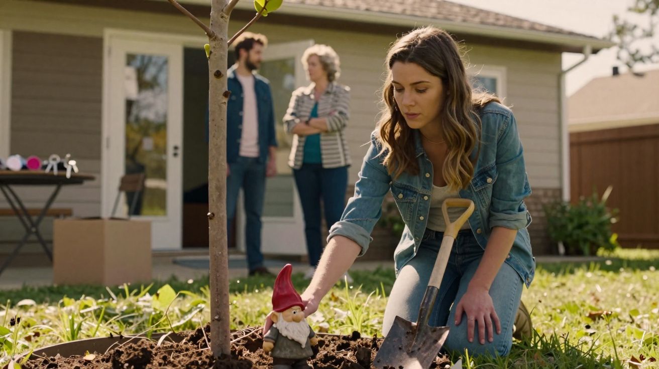 Mulher ajoelhada no jardim ao lado de árvore recém-plantada e um gnomo de jardim, com pá na mão.