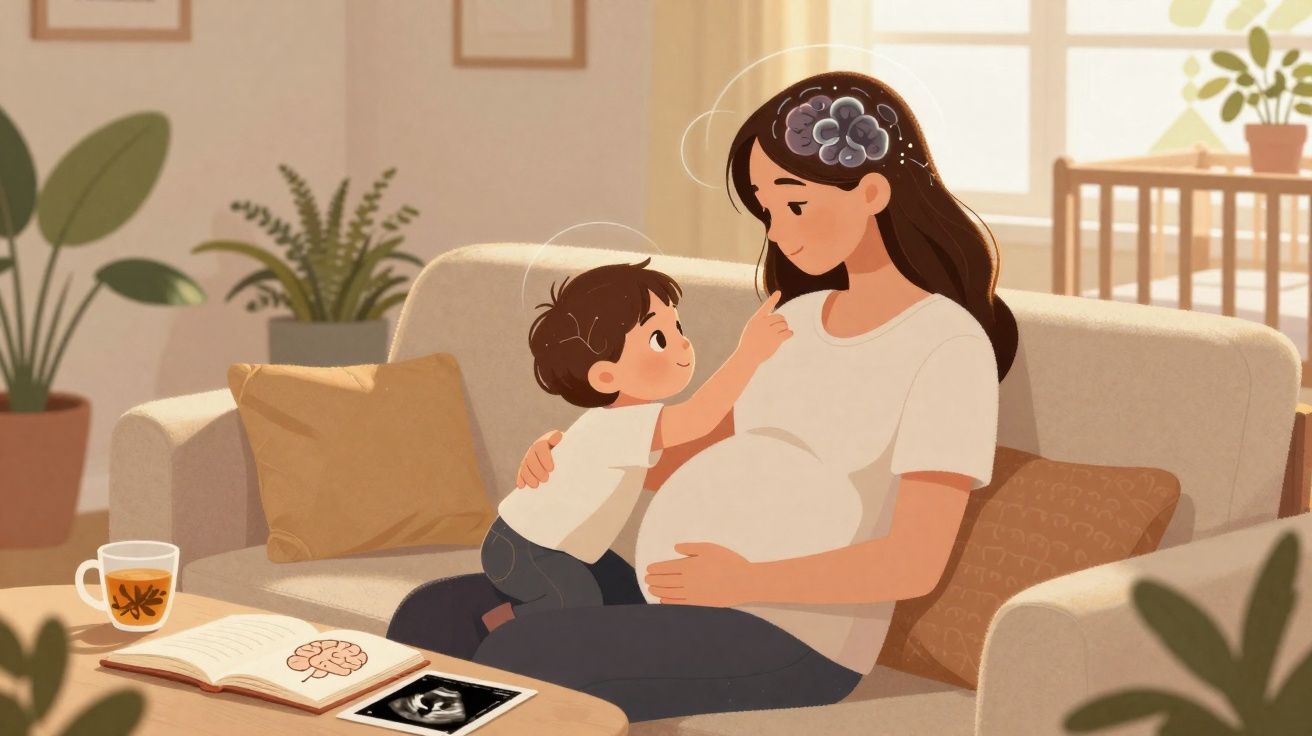 Criança tocando a cabeça de mãe grávida sentada no sofá, com ilustração de cérebro e ultrassom.