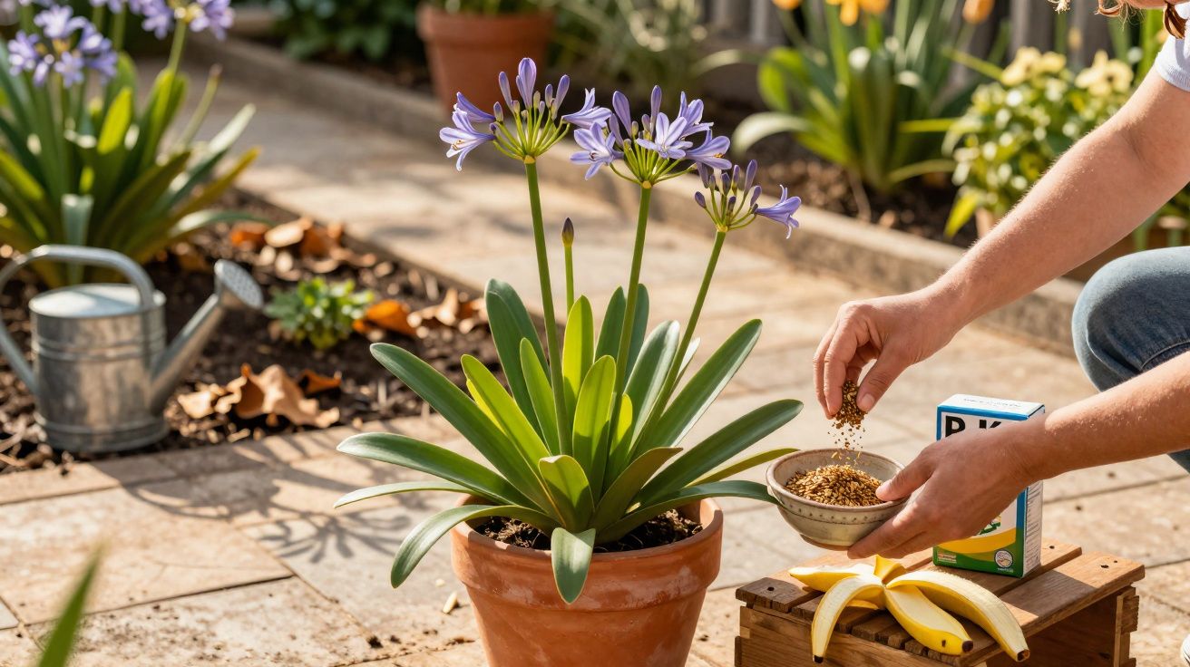 Pessoa aplicando fertilizante em planta flor de lírio-roxo em vaso de barro com bananas e regador ao fundo.