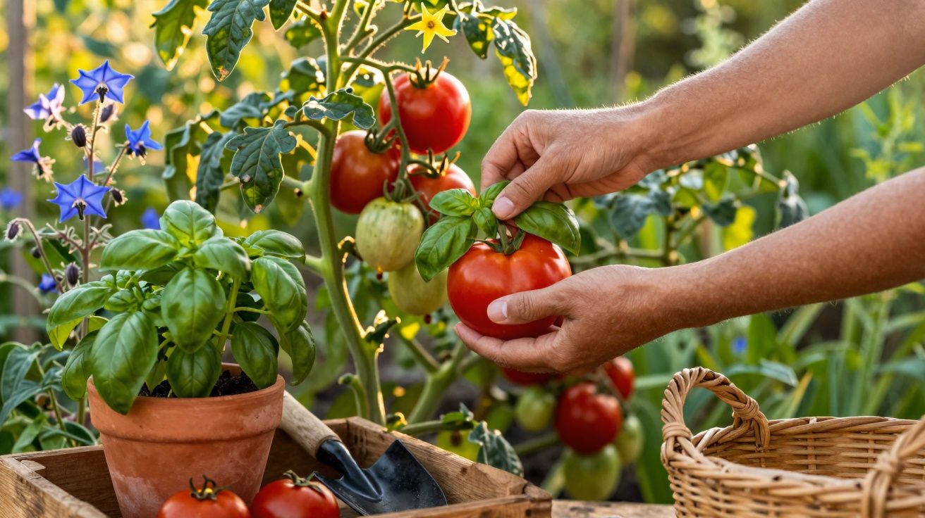 Mãos colhendo tomate maduro em planta cercada por vaso de manjericão, flores e cesta de vime.