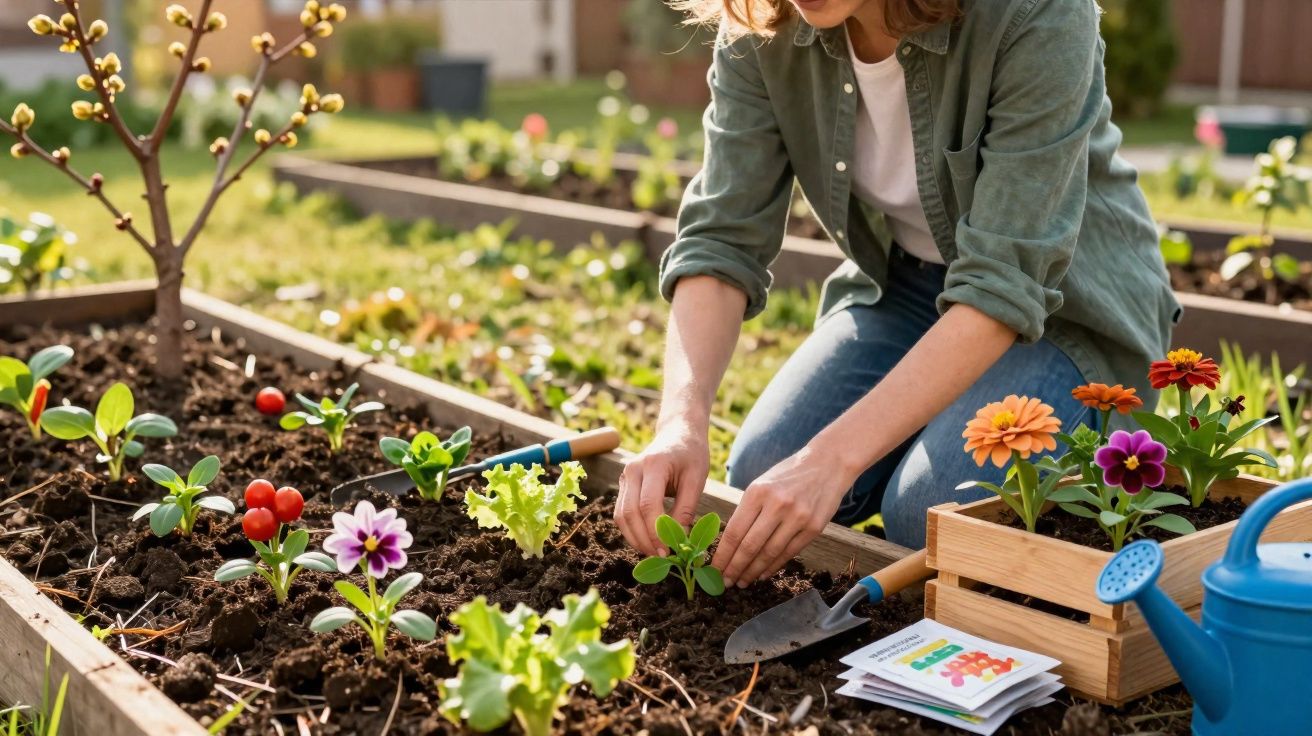 Pessoa plantando mudas em canteiro de jardim com flores, regador e sementes ao lado.