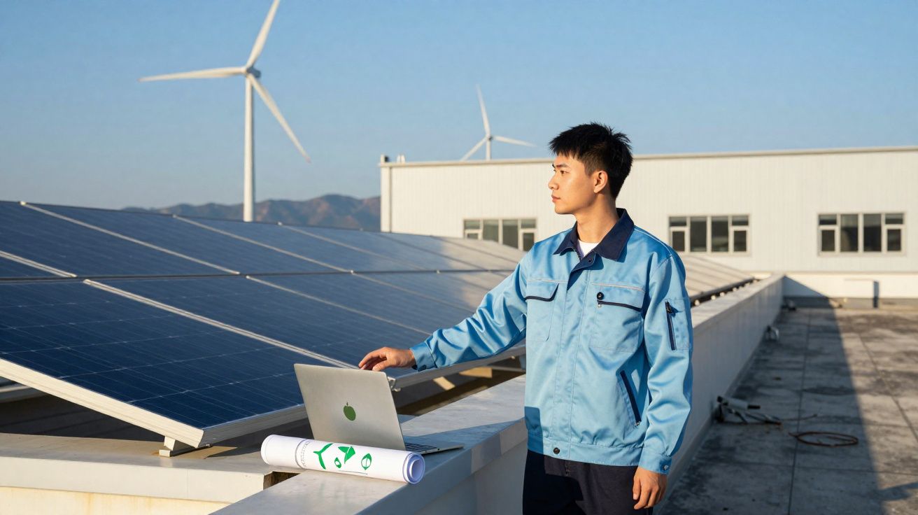 Homem com uniforme azul avalia painéis solares em telhado, com turbinas eólicas ao fundo.