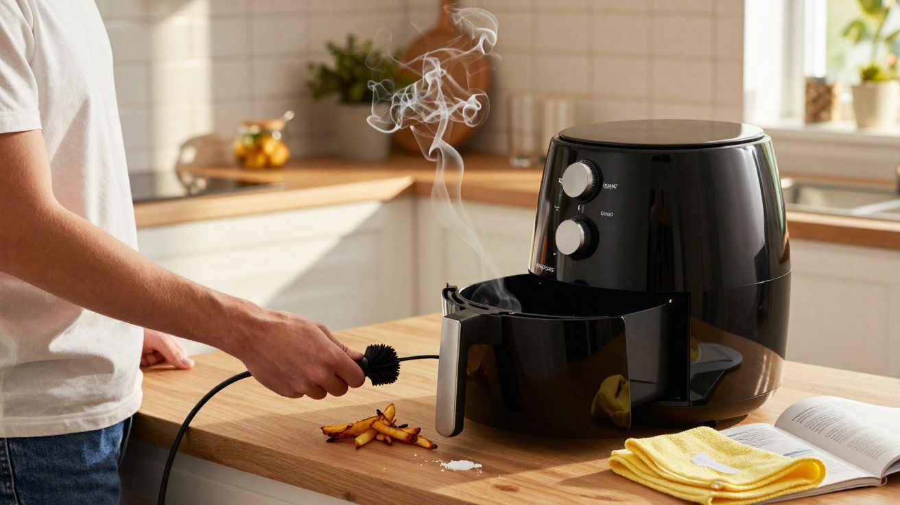 Pessoa limpando fritadeira elétrica preta na bancada de cozinha clara com batatas fritas e pano amarelo.