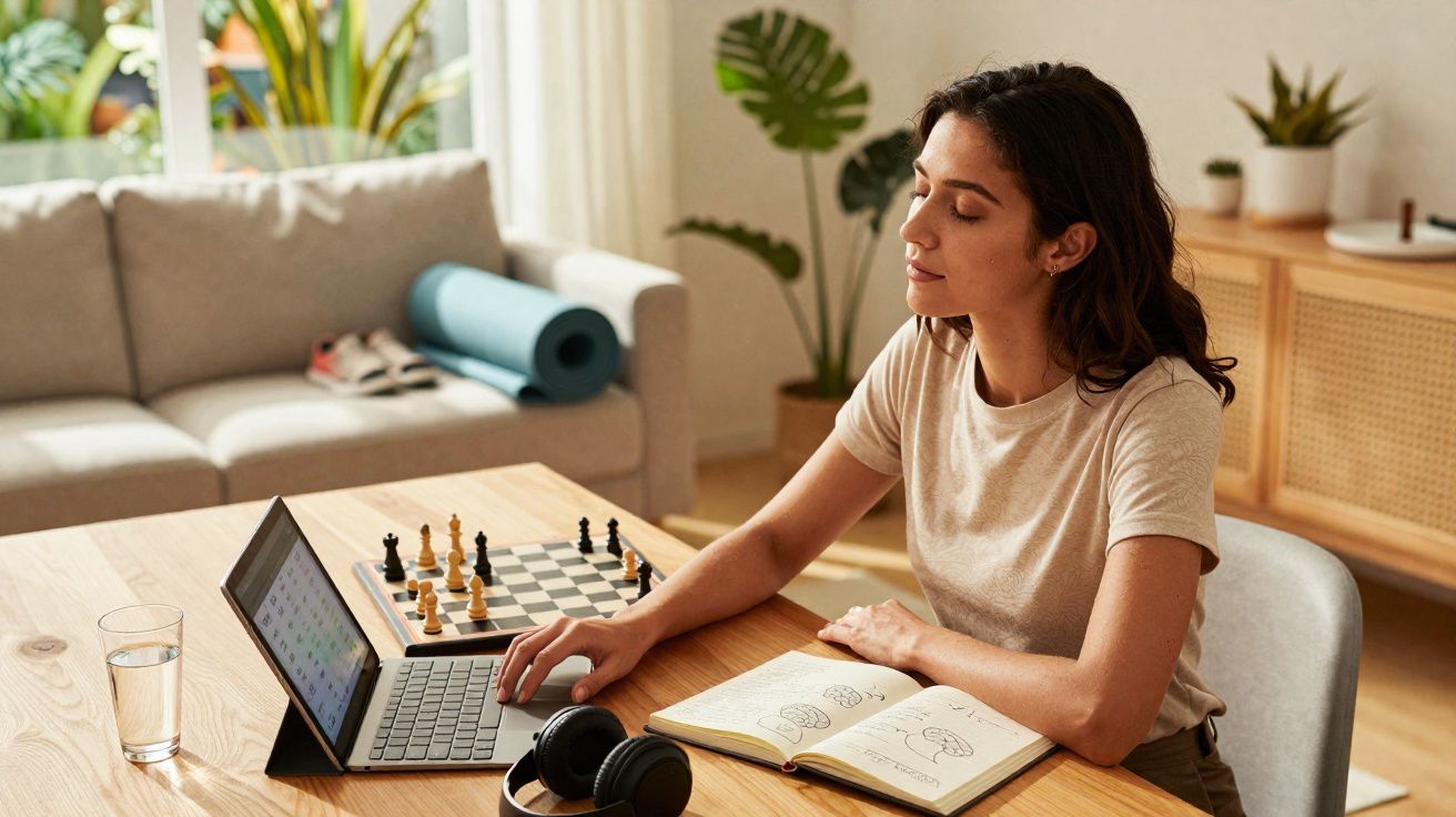 Mulher sentada à mesa com laptop, livro aberto e tabuleiro de xadrez em ambiente aconchegante.