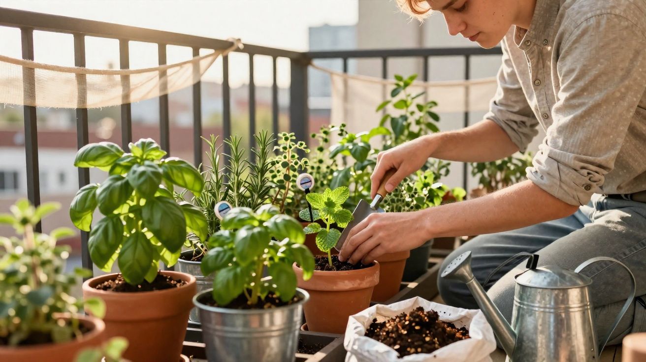 Pessoa cuidando de plantas em vasos em uma varanda ensolarada, usando uma pequena pá de jardinagem.