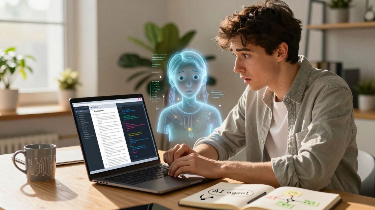 Jovem interagindo com assistente virtual holográfica enquanto programa em laptop em ambiente de estudo.
