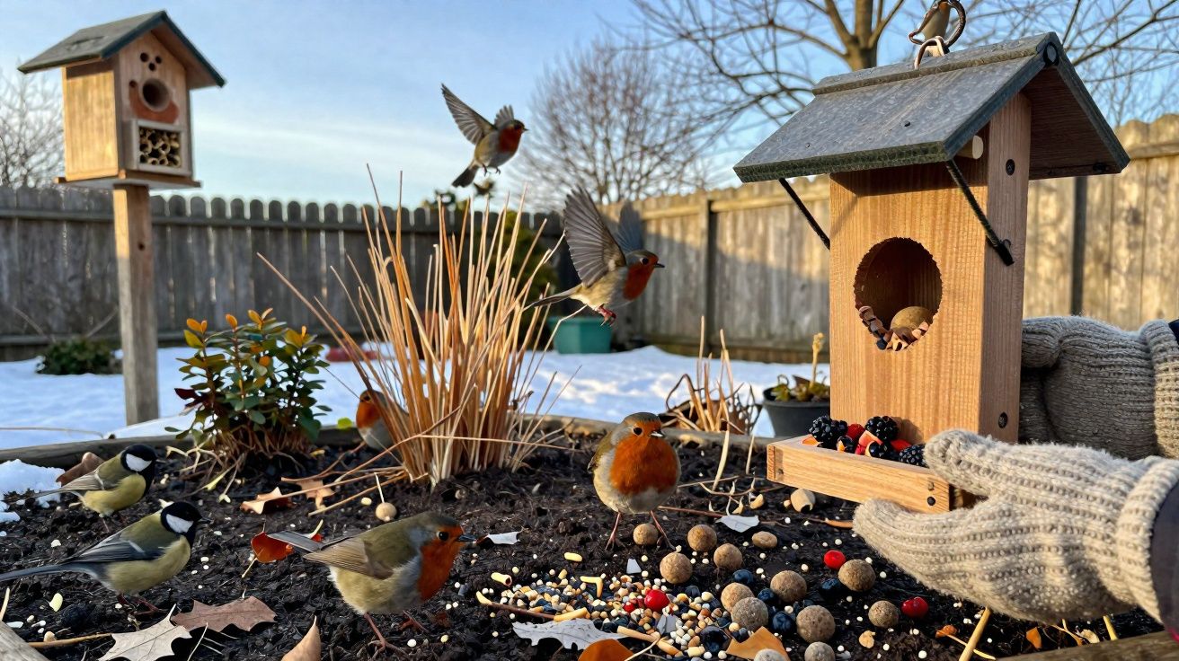 Pássaros coloridos se alimentando perto de casinha de madeira em jardim com neve ao redor e pessoa com luvas.