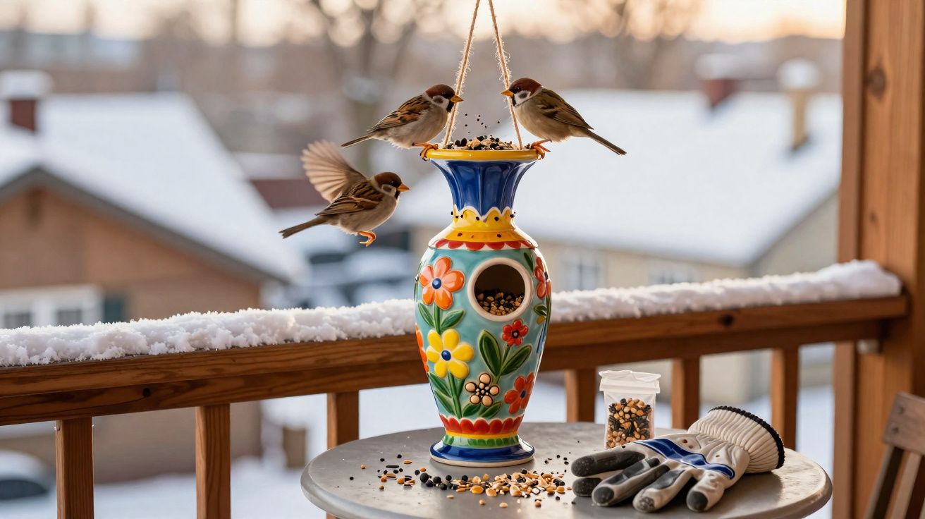 Pássaros alimentando-se em comedouro colorido pendurado, na varanda com neve e mesa de apoio com luvas.