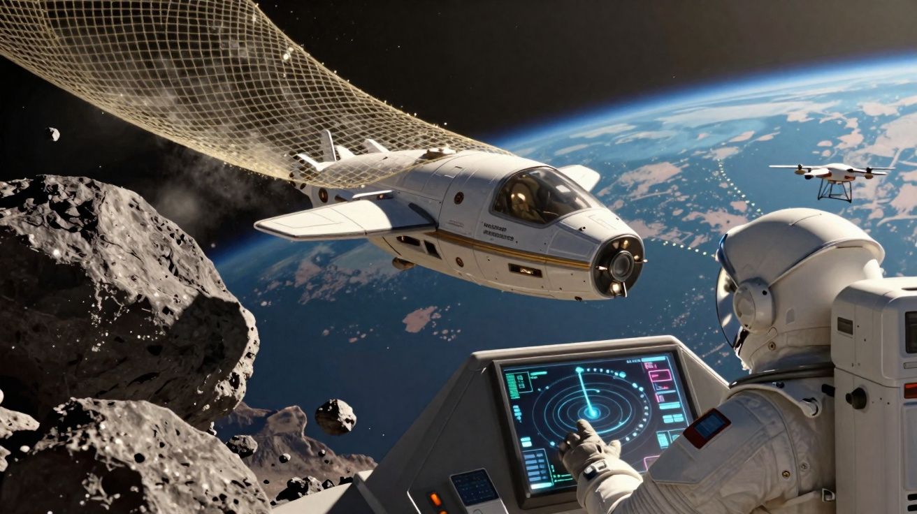 Astronauta operando controle na órbita da Terra perto de asteroide com nave e drone espacial.
