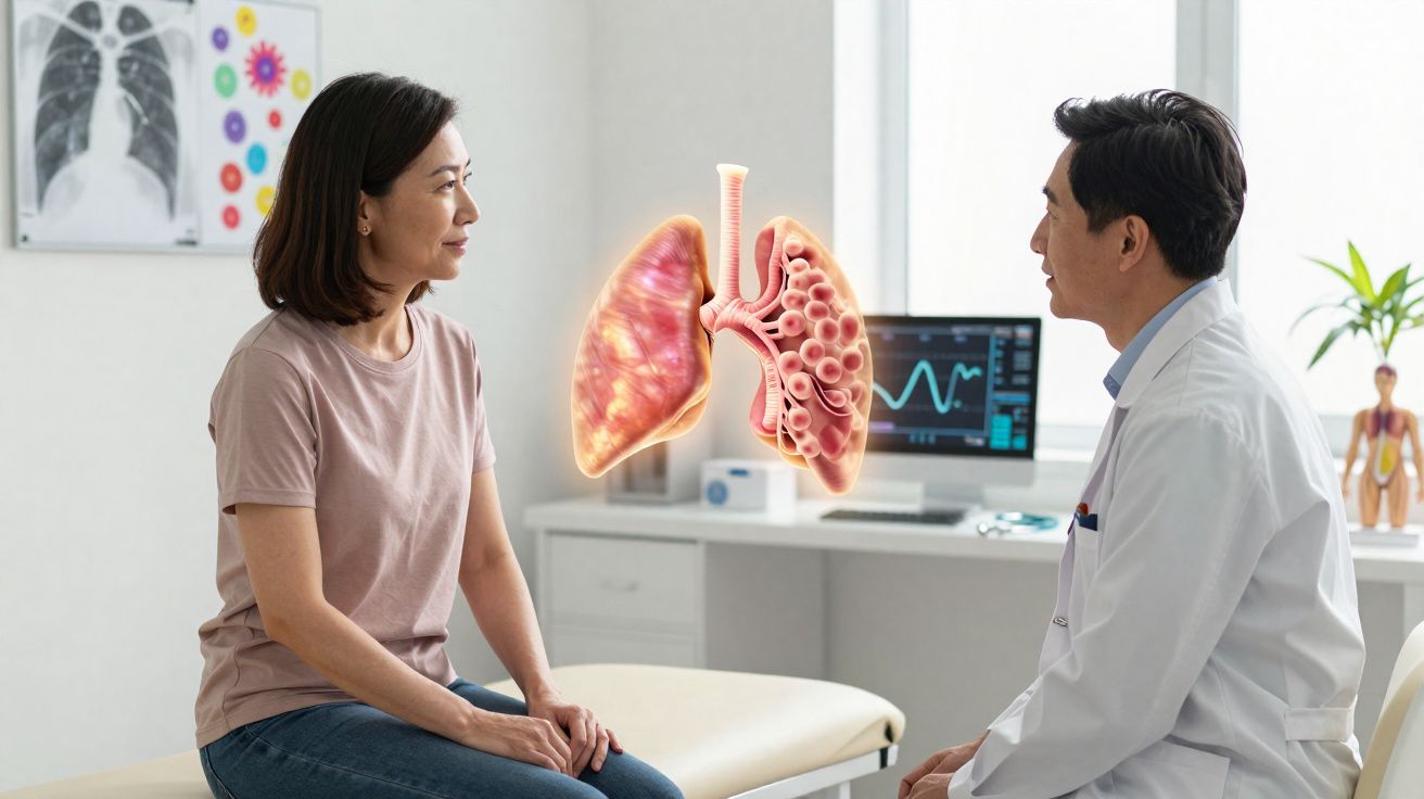 Paciente sentada com médico em consulta, com imagem digital de pulmões flutuando entre eles.