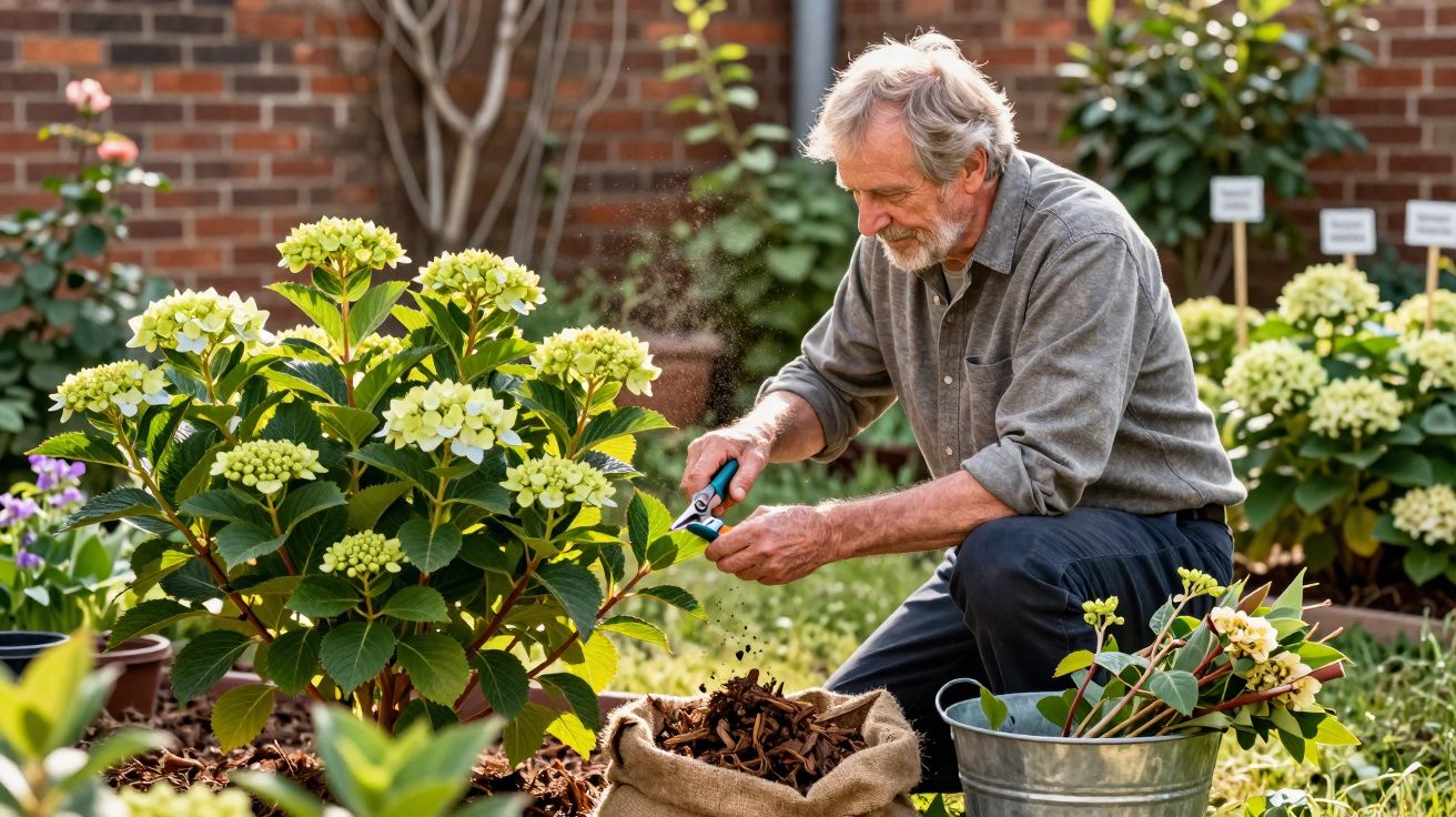 Homem idoso cuidando de plantas de hortênsia amarela em jardim ensolarado, cortando galhos secos.