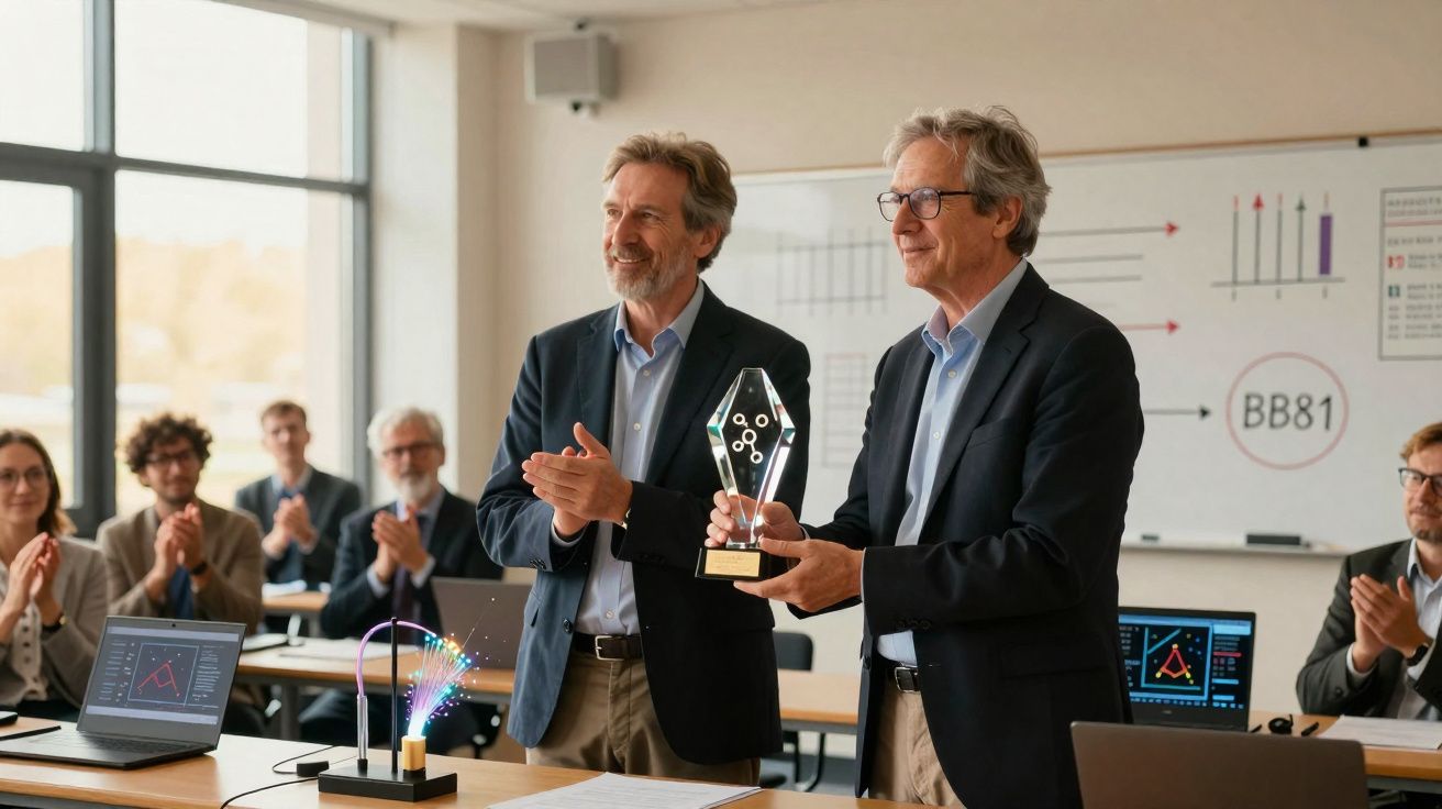 Homens de negócios apertam as mãos enquanto outros aplaudem em sala de reunião moderna.