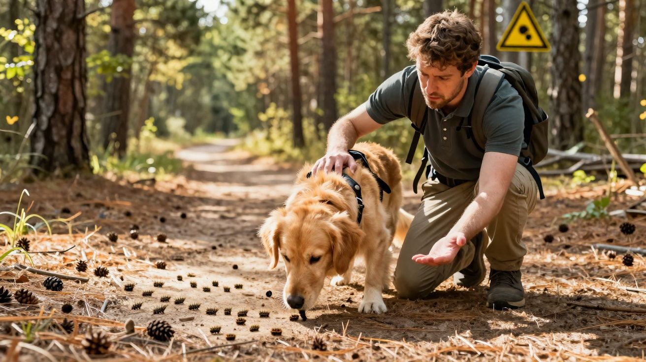 Homem com mochila ajoelhado acompanhando cachorro farejando pinhas em trilha de floresta.