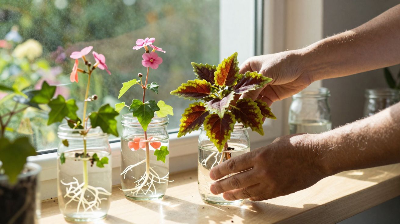 Mãos posicionam planta com folhas verdes e vermelhas em jarro com água numa janela ensolarada com outras plantas.