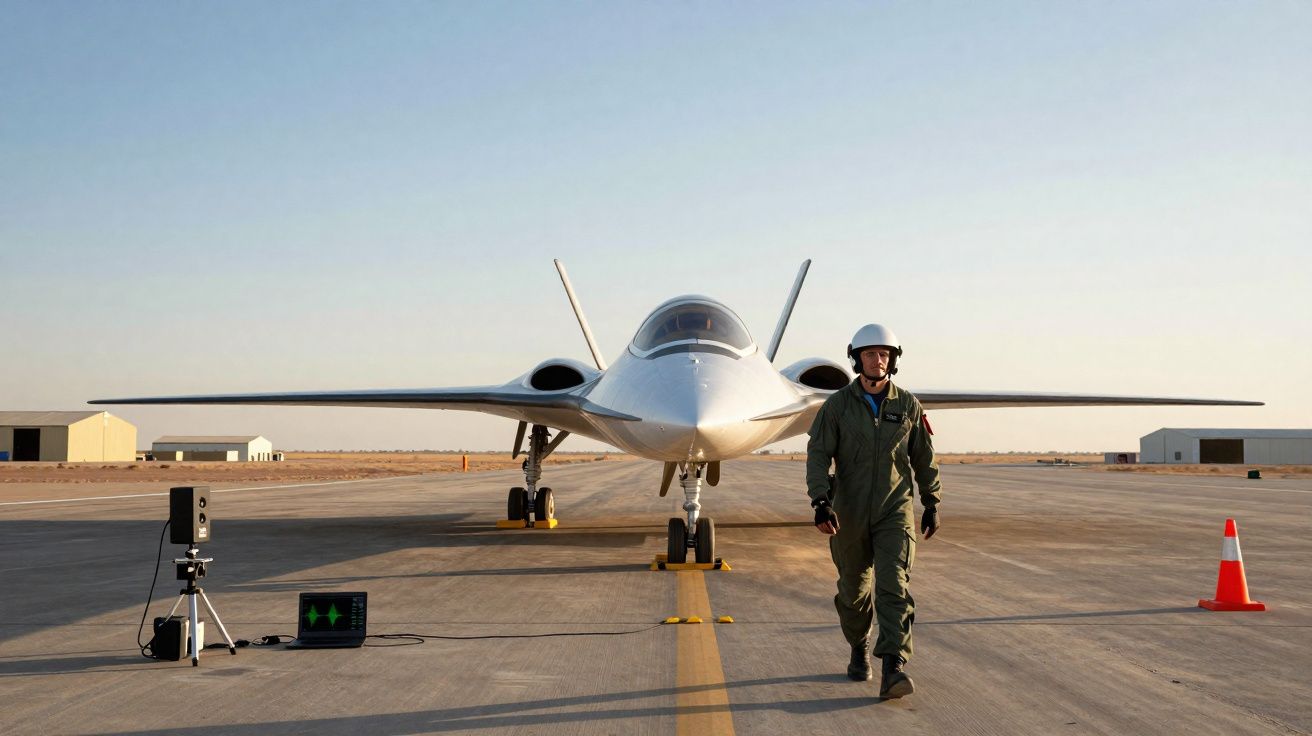 Aeronave militar futurista estacionada em pista de aeroporto com piloto caminhando ao lado ao entardecer.