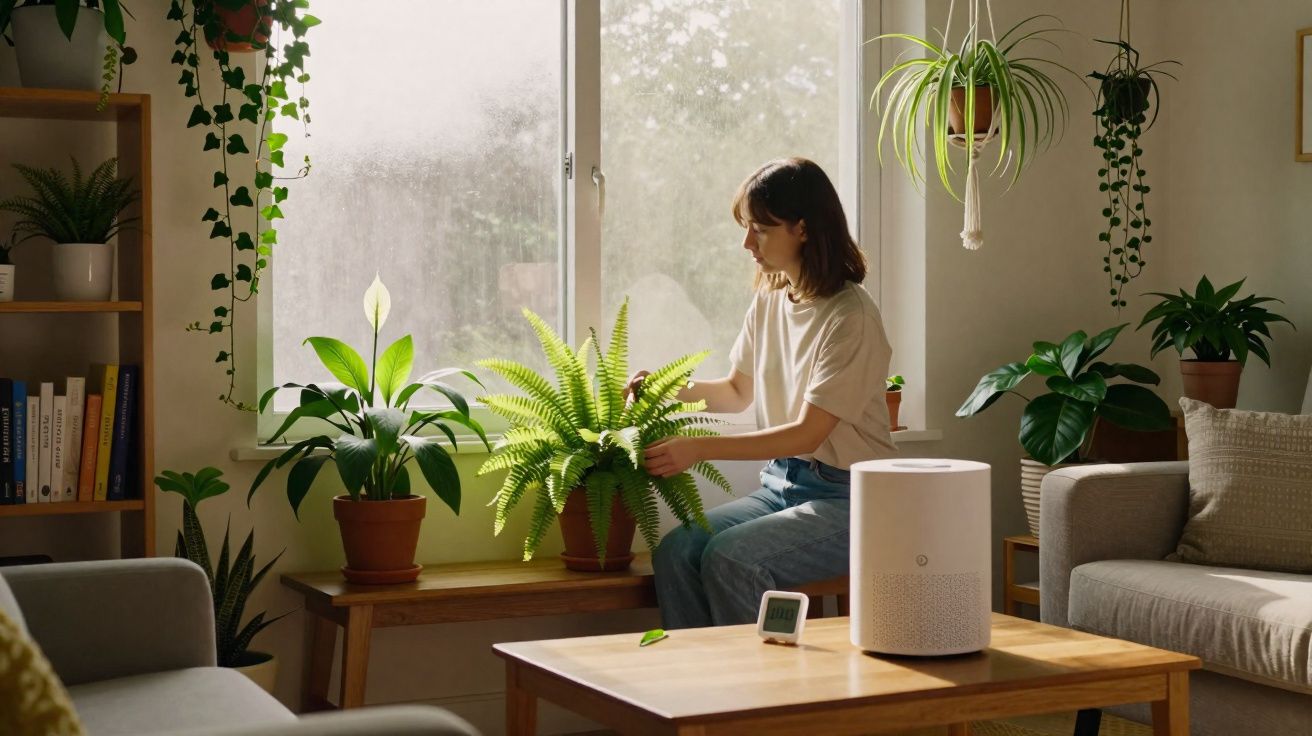 Mulher cuidando de plantas em vaso perto de janela em sala de estar com móveis e decoração acolhedora.