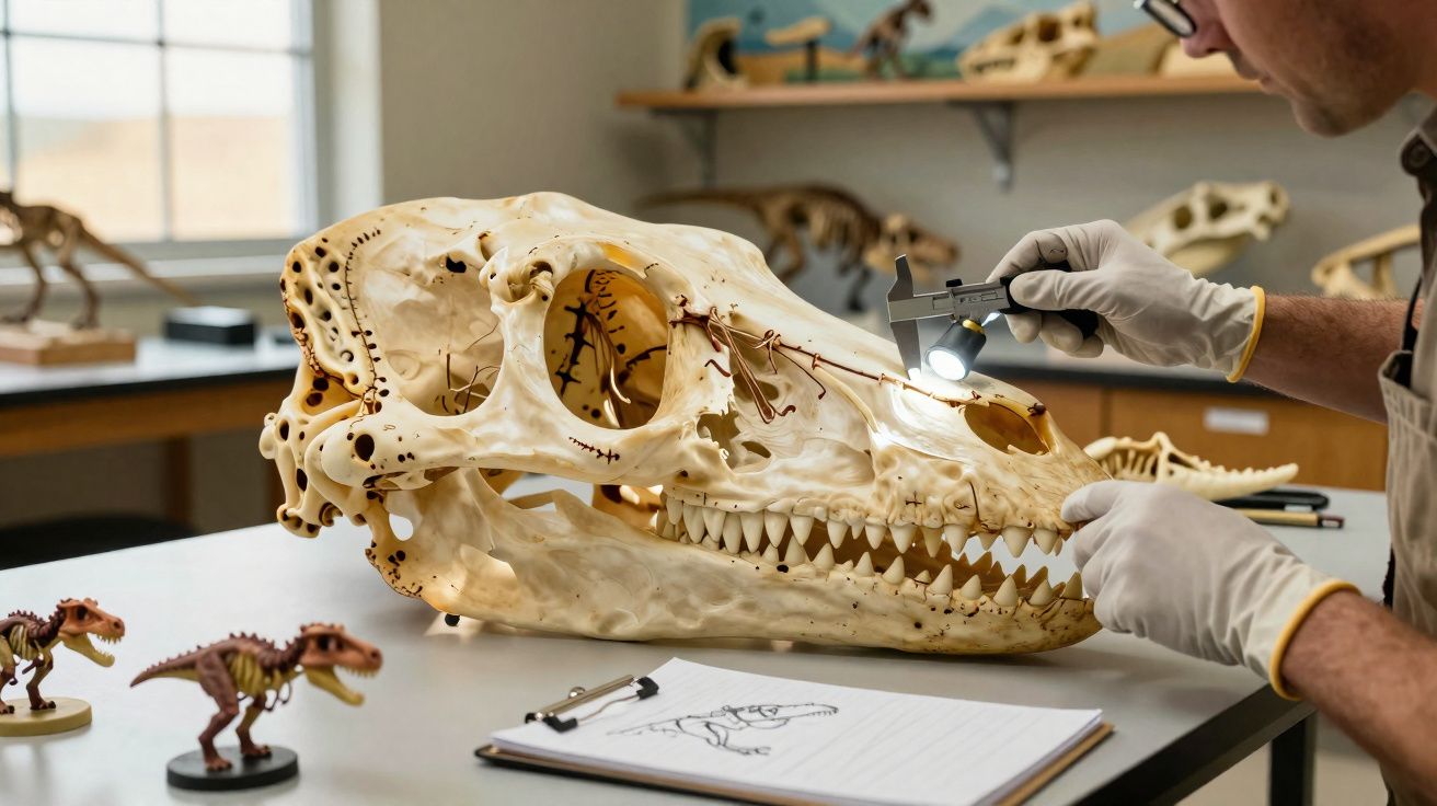 Pesquisador mede crânio de grande fóssil de dinossauro em laboratório com luvas brancas.