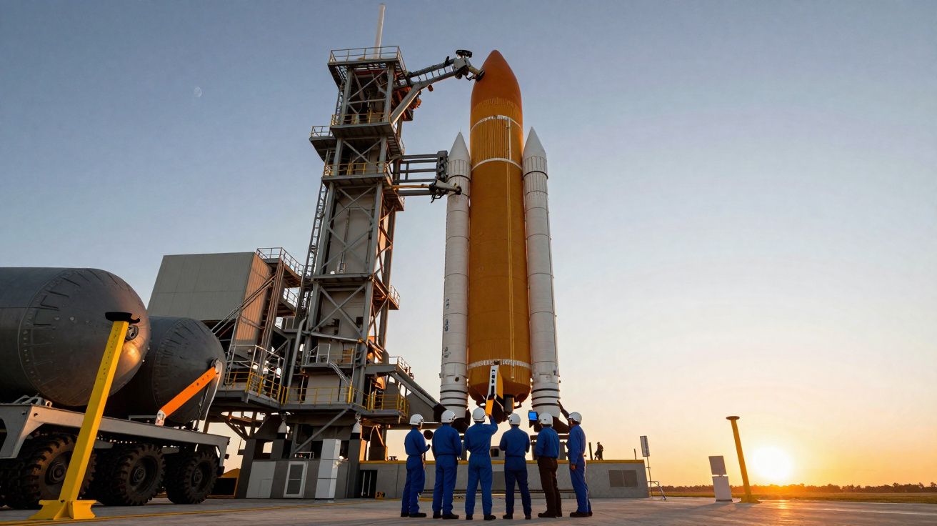 Foguete na plataforma de lançamento com equipe de técnicos em uniforme azul ao entardecer.