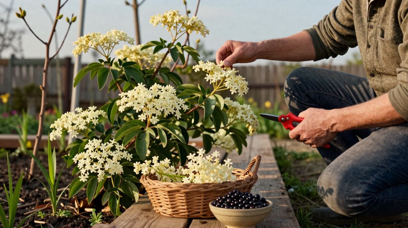 Pessoa colhendo flores brancas de arbusto em jardim com cesta de vime e tigela de frutas escuras.