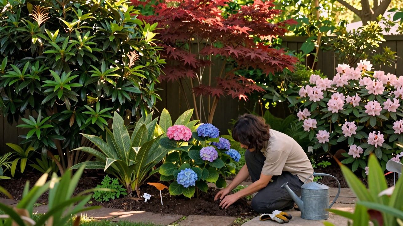 Pessoa agachada cuidando de plantas com flores coloridas em jardim ensolarado.