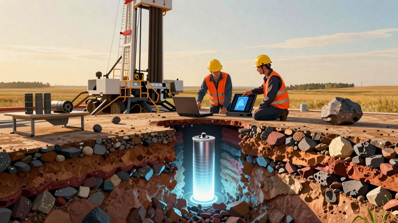 Dois engenheiros com capacetes e coletes analisando dados em um canteiro de perfuração sobre bateria subterrânea.