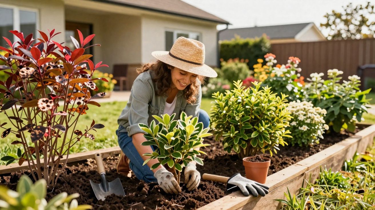 Mulher com chapéu plantando muda em jardim elevado em área residencial ensolarada.