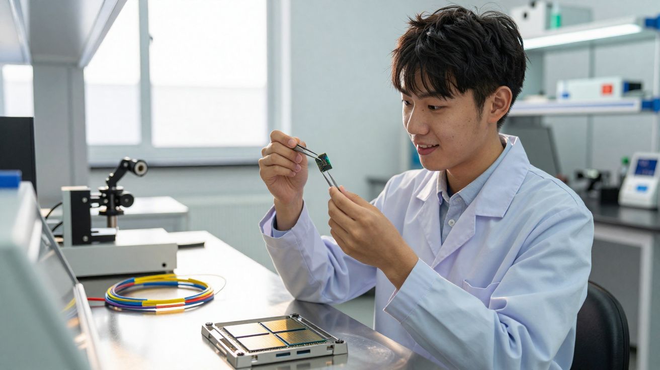 Jovem cientista em jaleco branco manipulando componente eletrônico em laboratório tecnológico moderno.