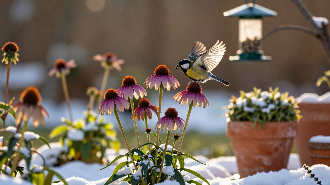 Pássaro voando sobre flores roxas com neve no chão e vasos ao fundo iluminados pelo sol.