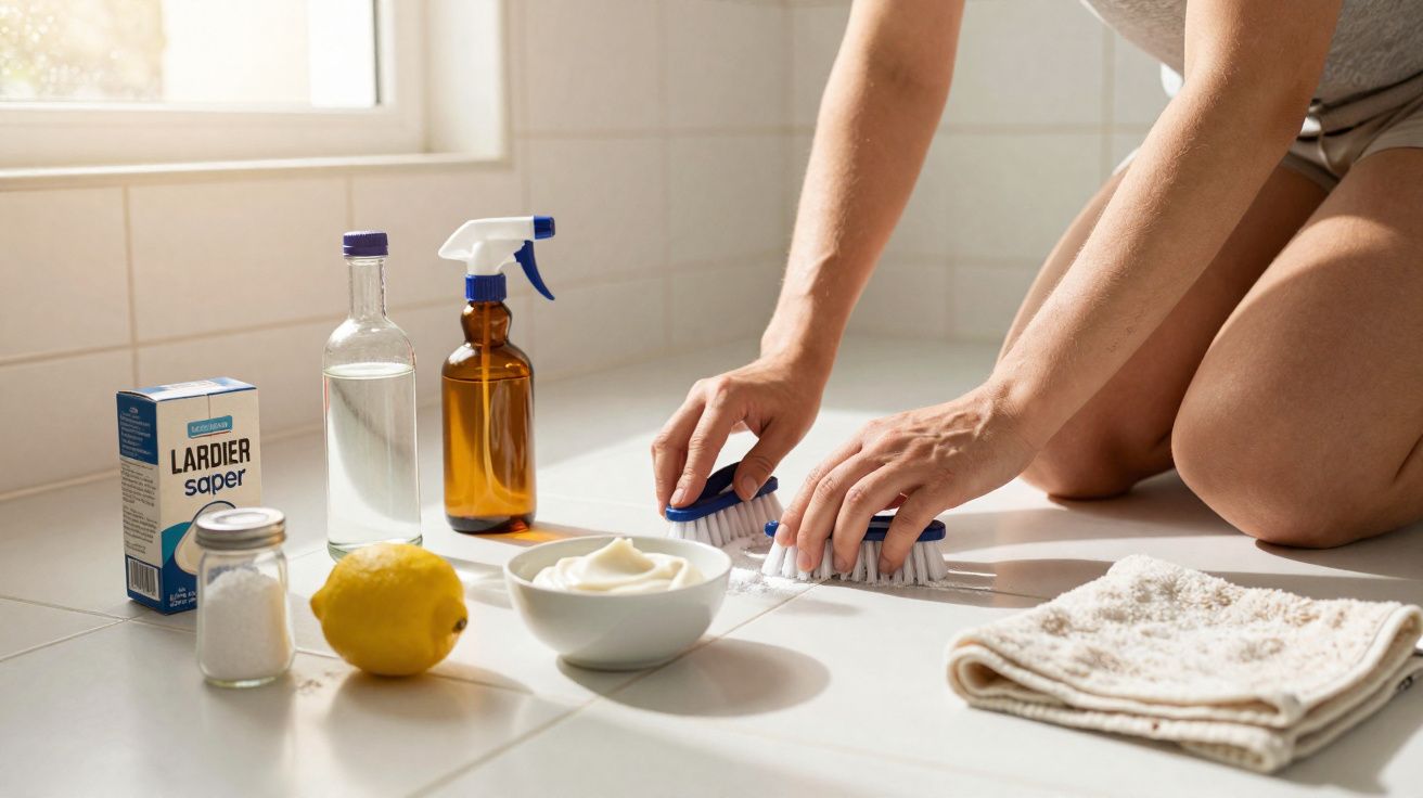 Pessoa limpando piso com escovas, ao lado de limão, creme branco, garrafas e pano.