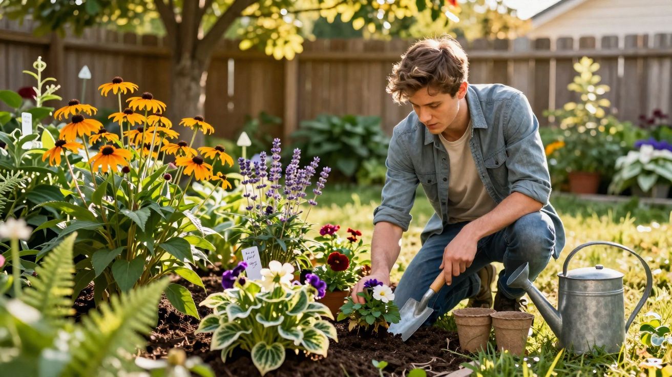 Jovem cuidando do jardim, plantando flores coloridas em solo fértil durante o dia ensolarado.
